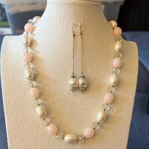 Vintage Trifari Signed Pink Lucite Necklace & Vintage Dangling Earrings.